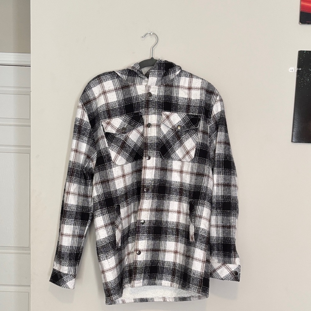 Men's Black and White Plaid Shirt Jacket